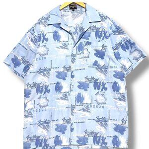 Rocawear Patterned Button Up Shirt SS Blue Y2K Large